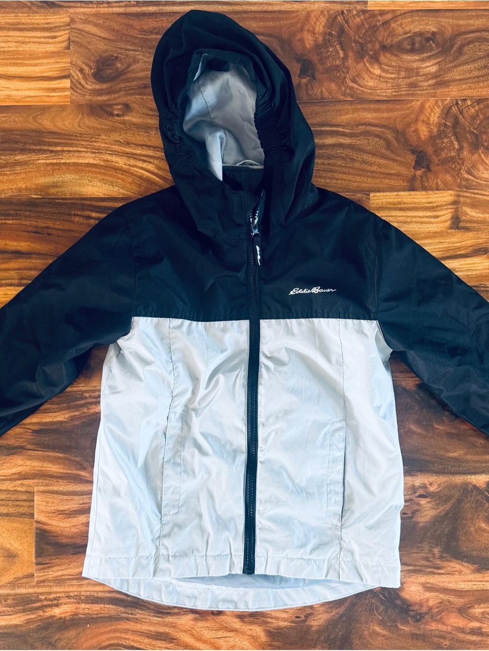 Eddie Bauer Kids Two-Tone Hooded Raincoat - Black & Light Gray- Removable insert